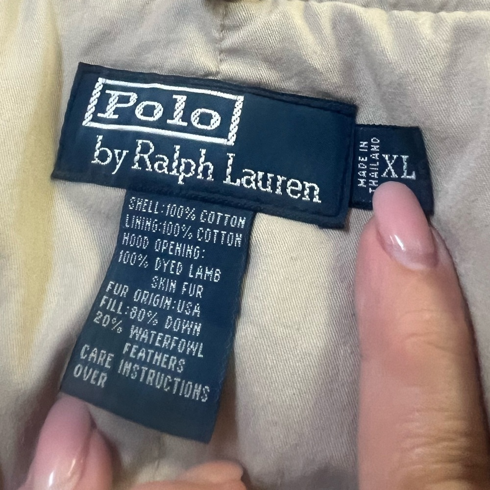 SOLD ——POLO By Ralph Lauren Down filled Khaki coat w a dyed lambskin fur collar. - Picture 13 of 13